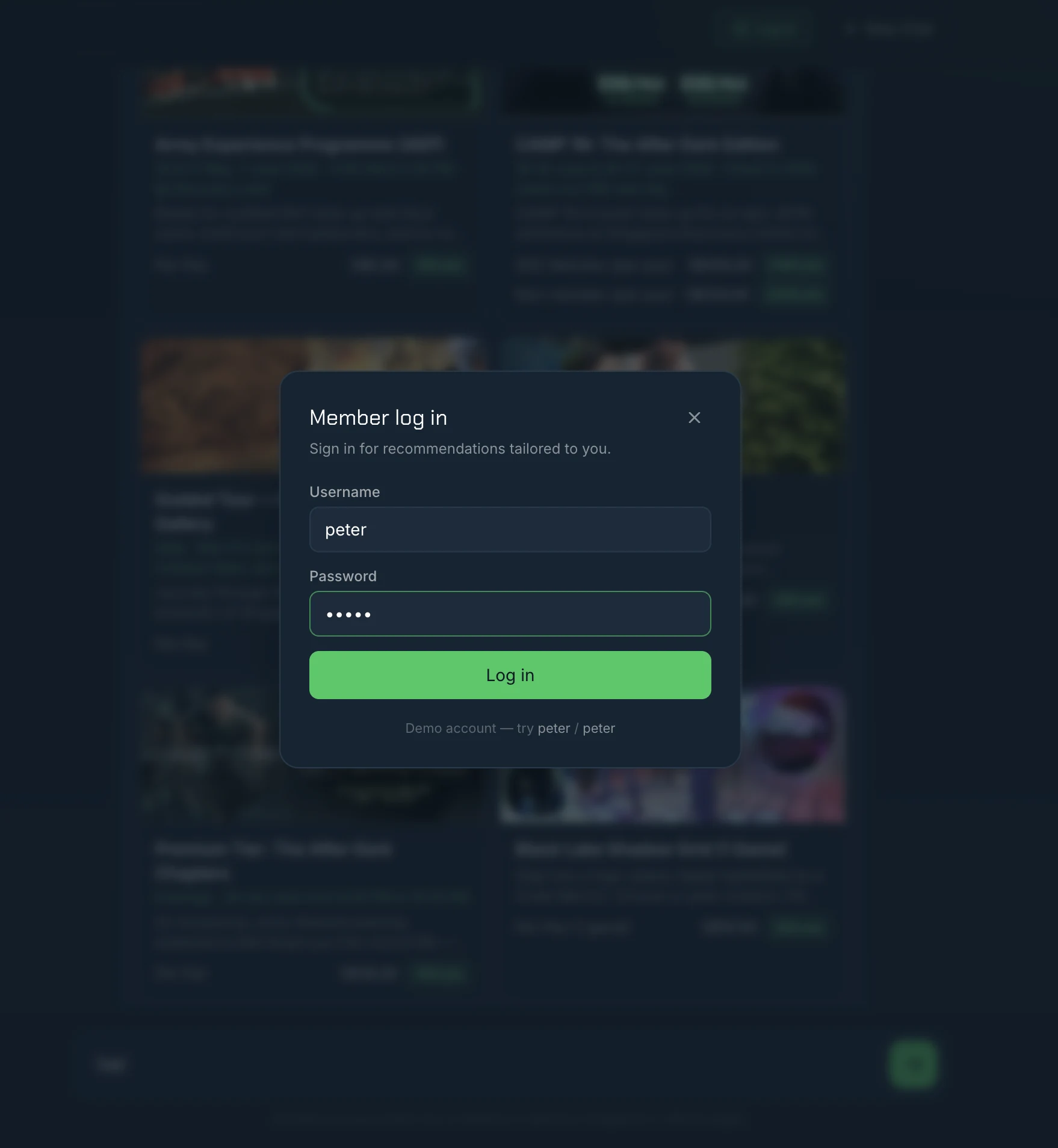 A member log-in dialog over the blurred chat, inviting the visitor to sign in for recommendations tailored to them.