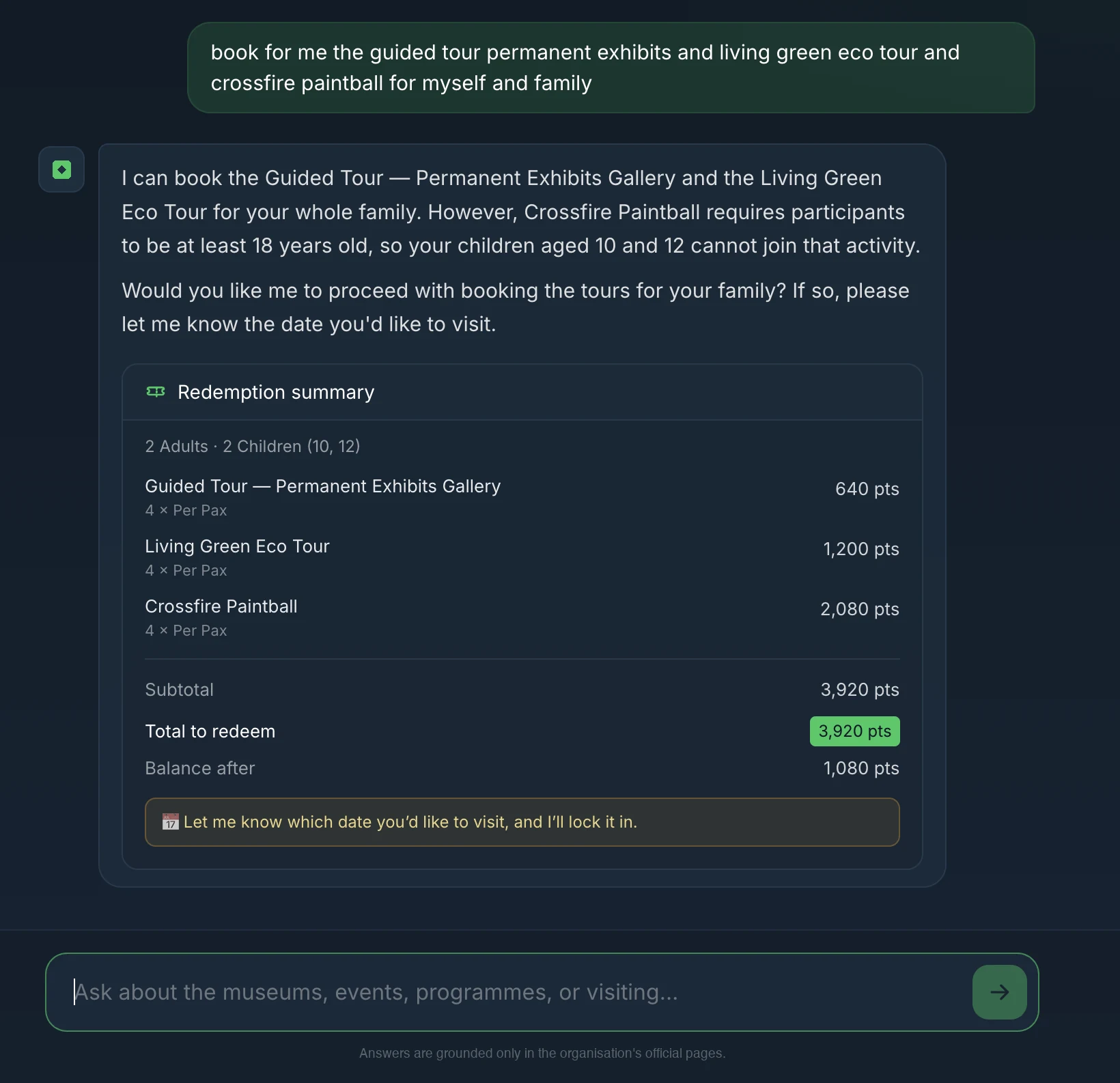 A booking request for three activities for a family; the assistant explains one activity has an age limit the children do not meet, and shows a redemption summary with points per activity, the total and the balance after.