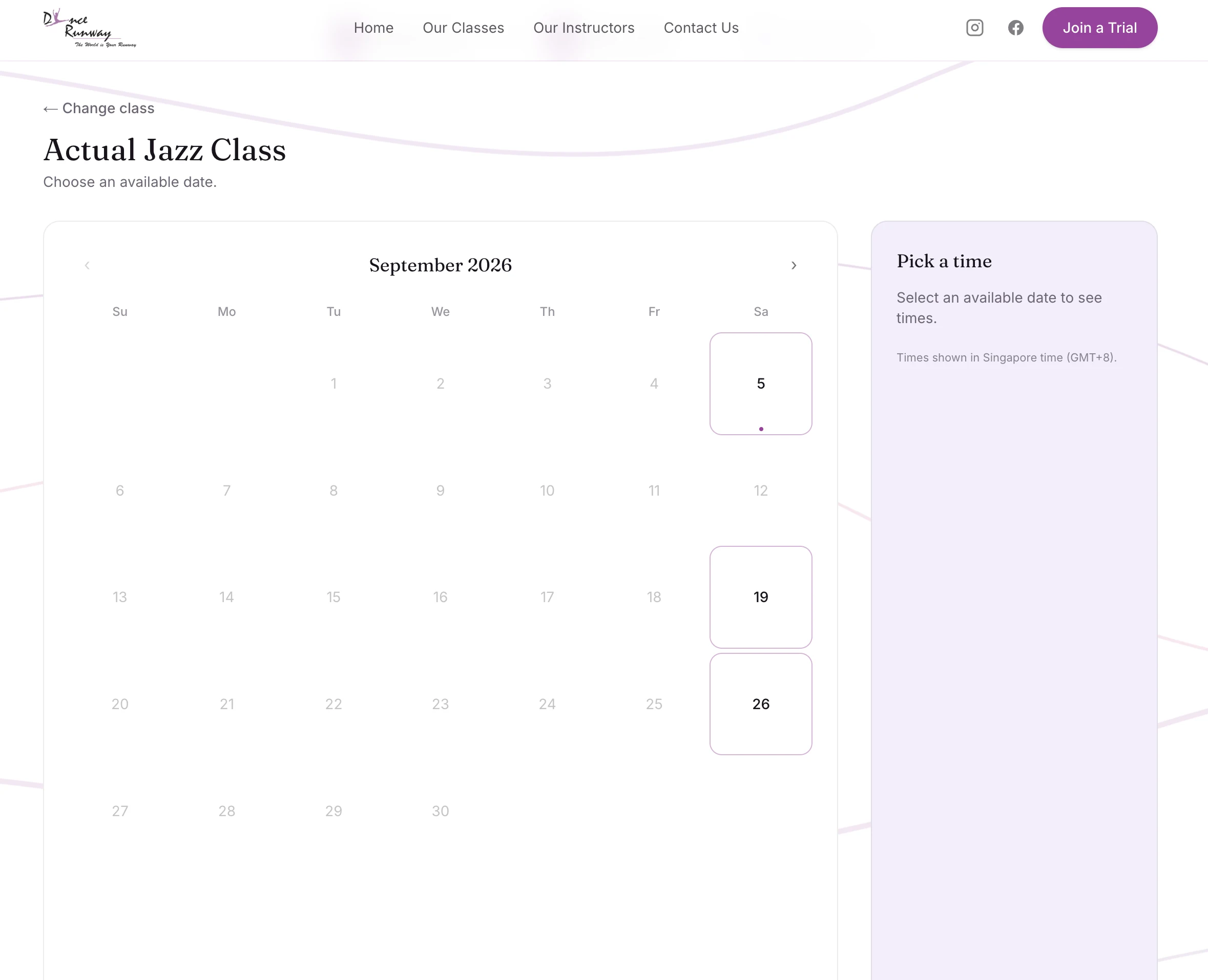 The trial booking calendar for a jazz class, showing September 2026 with only the Saturdays that have a class available.