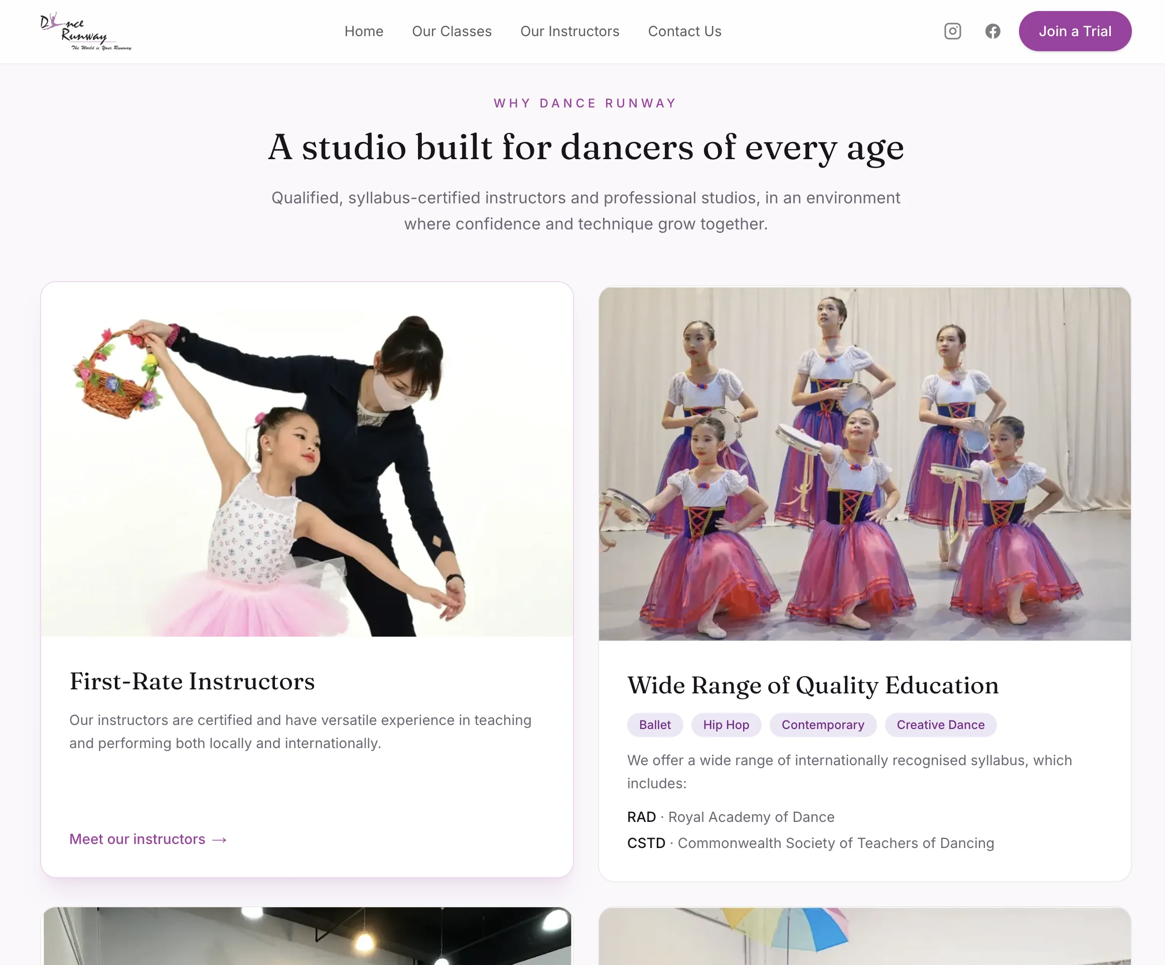 A section headed “A studio built for dancers of every age” with cards for instructors and the range of syllabi: Ballet, Hip Hop, Contemporary and Creative Dance, RAD and CSTD.