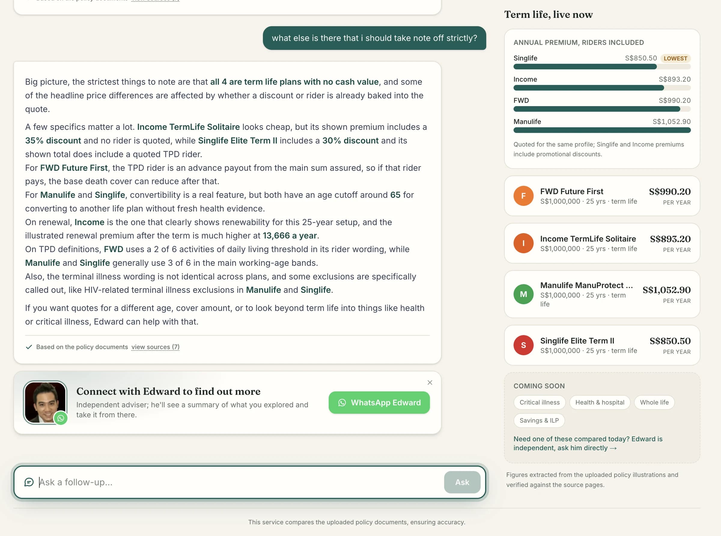 A detailed answer about discounts, rider definitions, convertibility and exclusions, followed by a card inviting the visitor to connect with the adviser on WhatsApp.