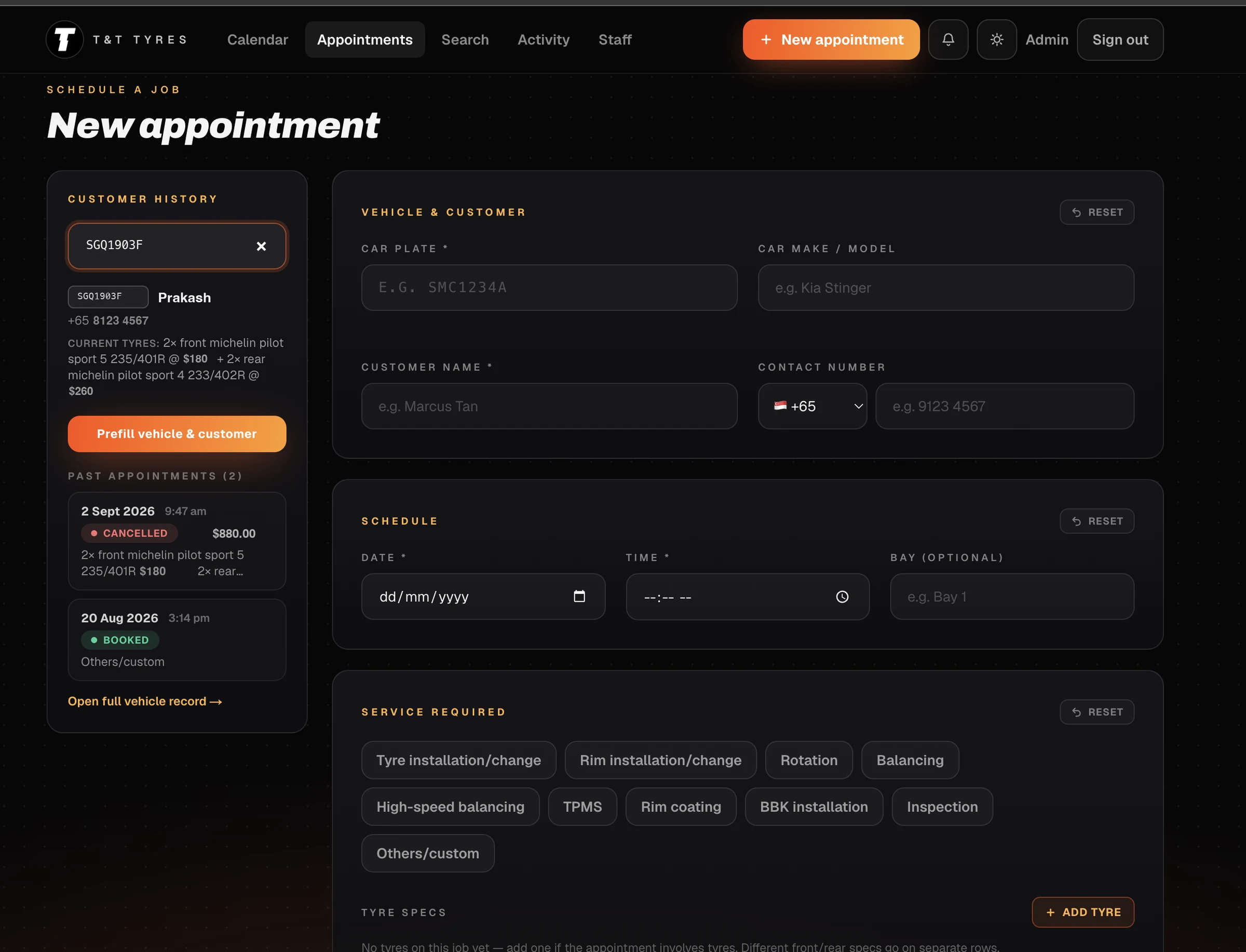 The new appointment form, with a customer history panel on the left showing a vehicle's past jobs and tyre sizes, and fields for vehicle, customer, schedule and services on the right.